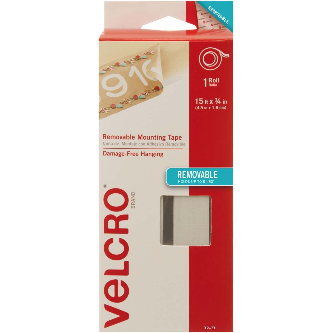 Image of VELCRO Brand Removable Mounting Tape 15ft x 3/4in Roll. White