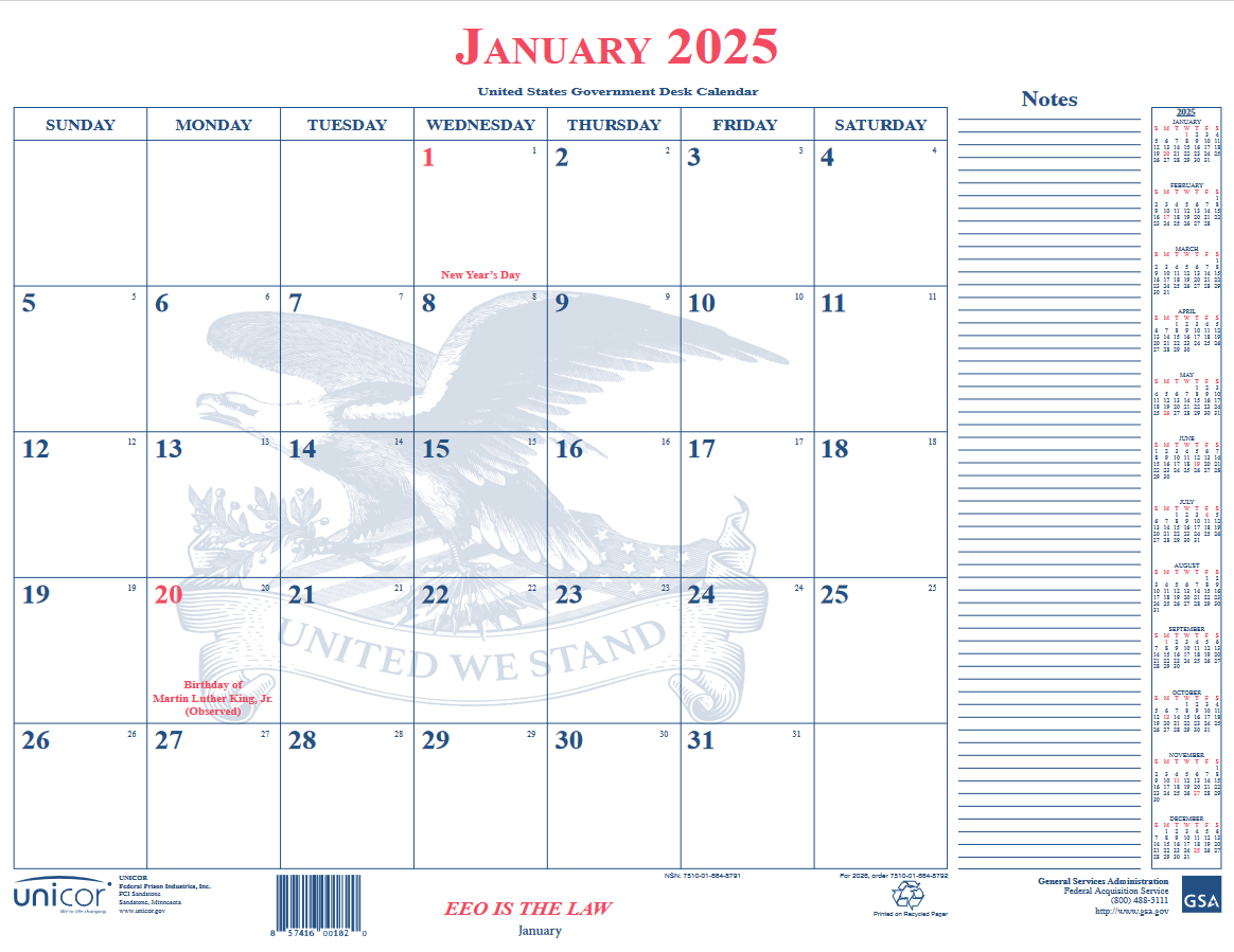 Image of 2025 Unicor Calendar Blotter